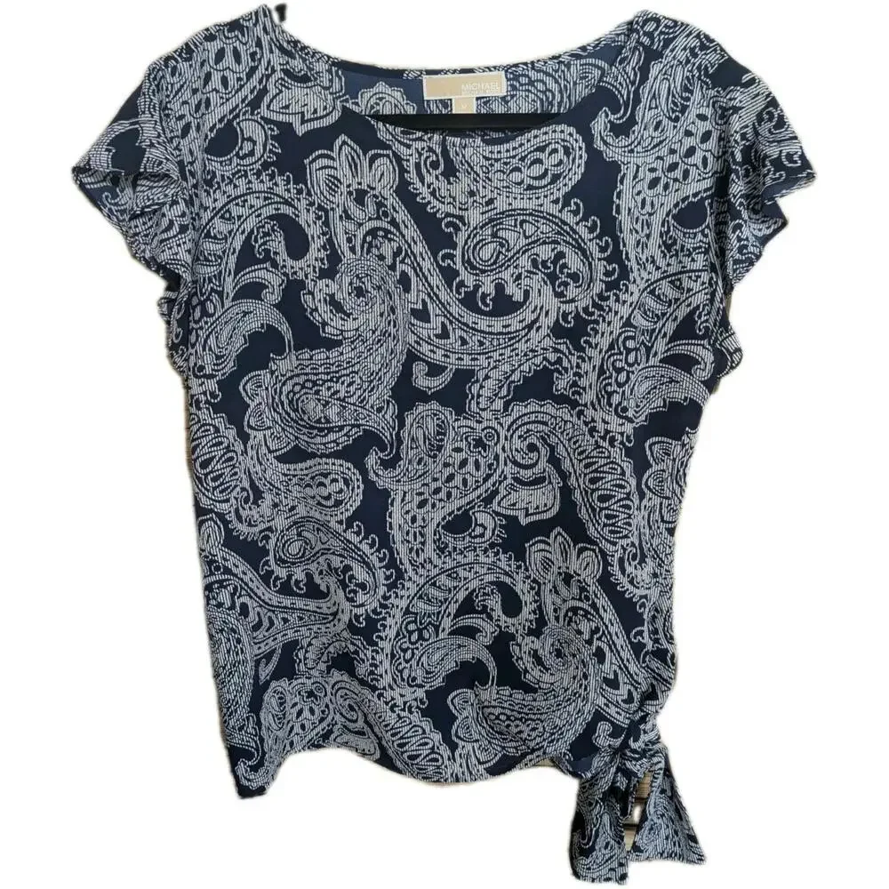 MICHAEL KORS Women’s Blue Paisley Print Side Tie Shirt Pleated Size‎ US Medium